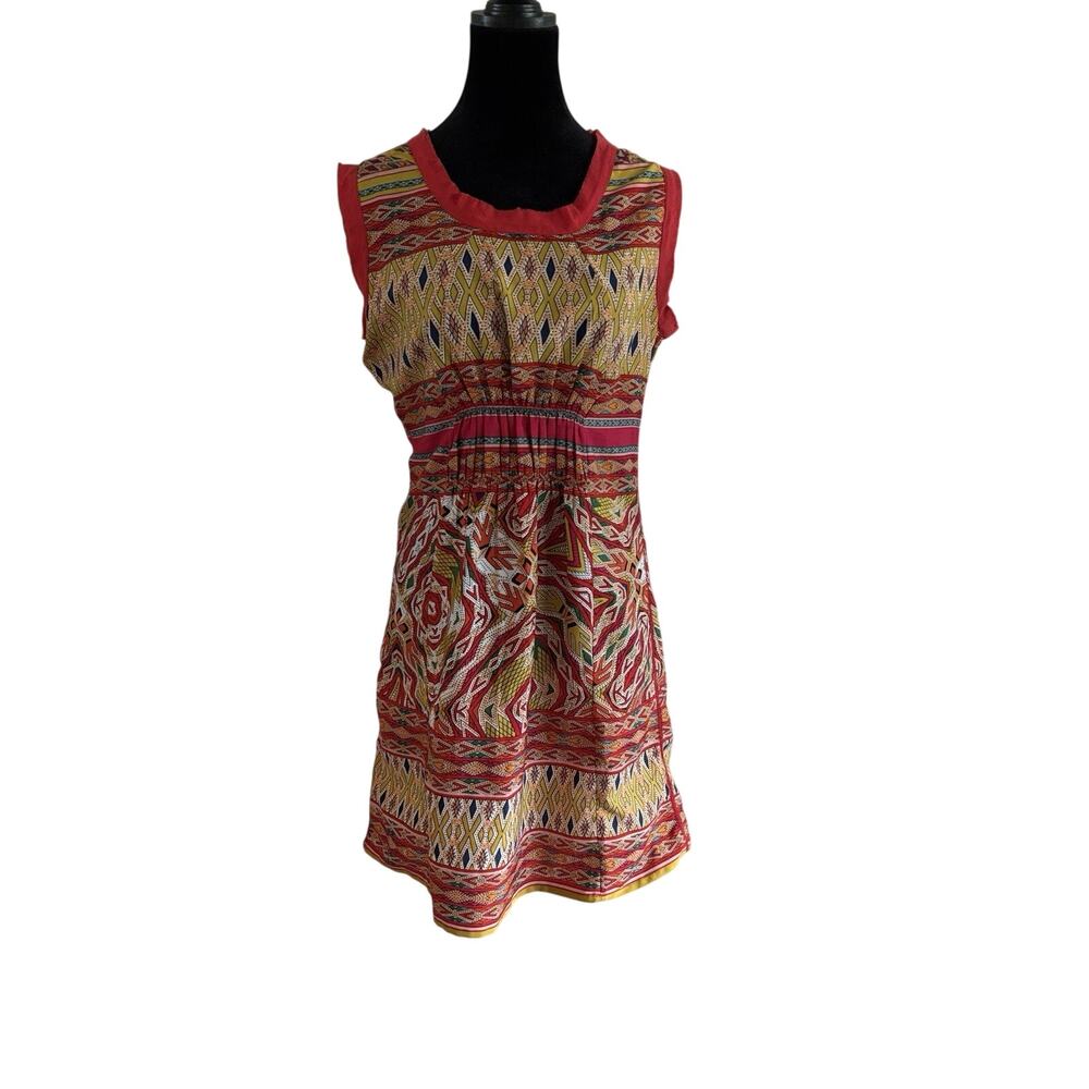 Y2K Alberto Makali Mini Smocked Shift Dress — M Red Yellow Boho Summer Party